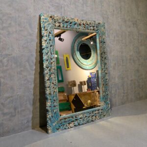 Blue and White Carved Frame Mirror