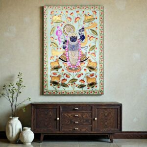 Shrinath Ji with Kamdhenu & Lotus (Light Teal)